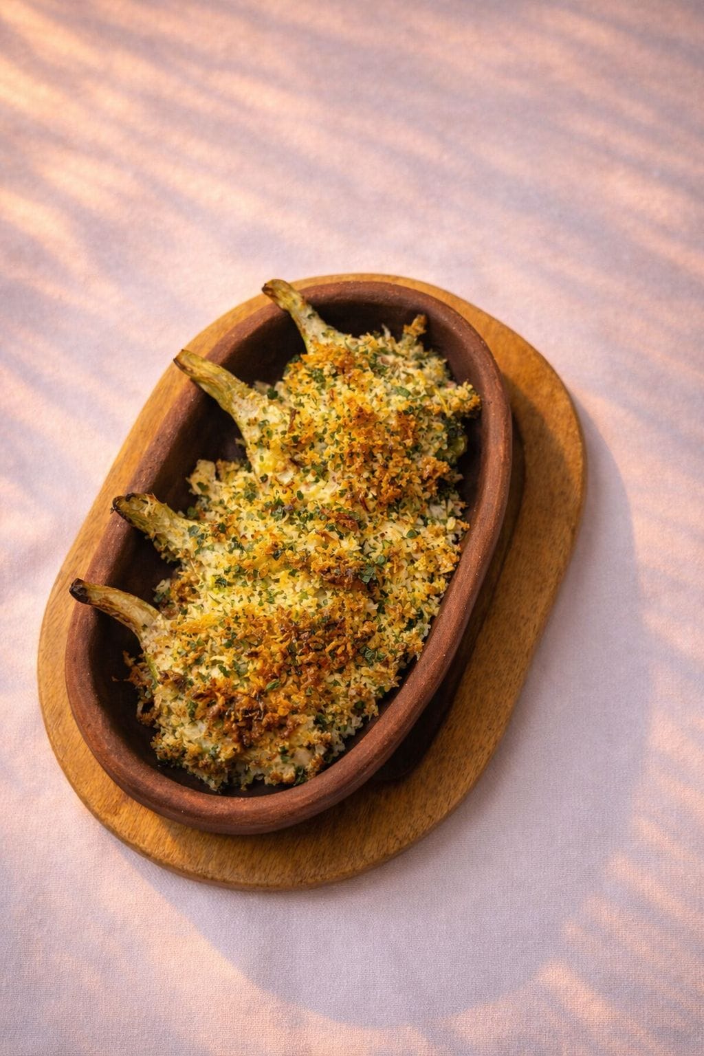 Breadcrumb-topped baked vegetable casserole in a small brown dish on a wooden board, photographed from above.